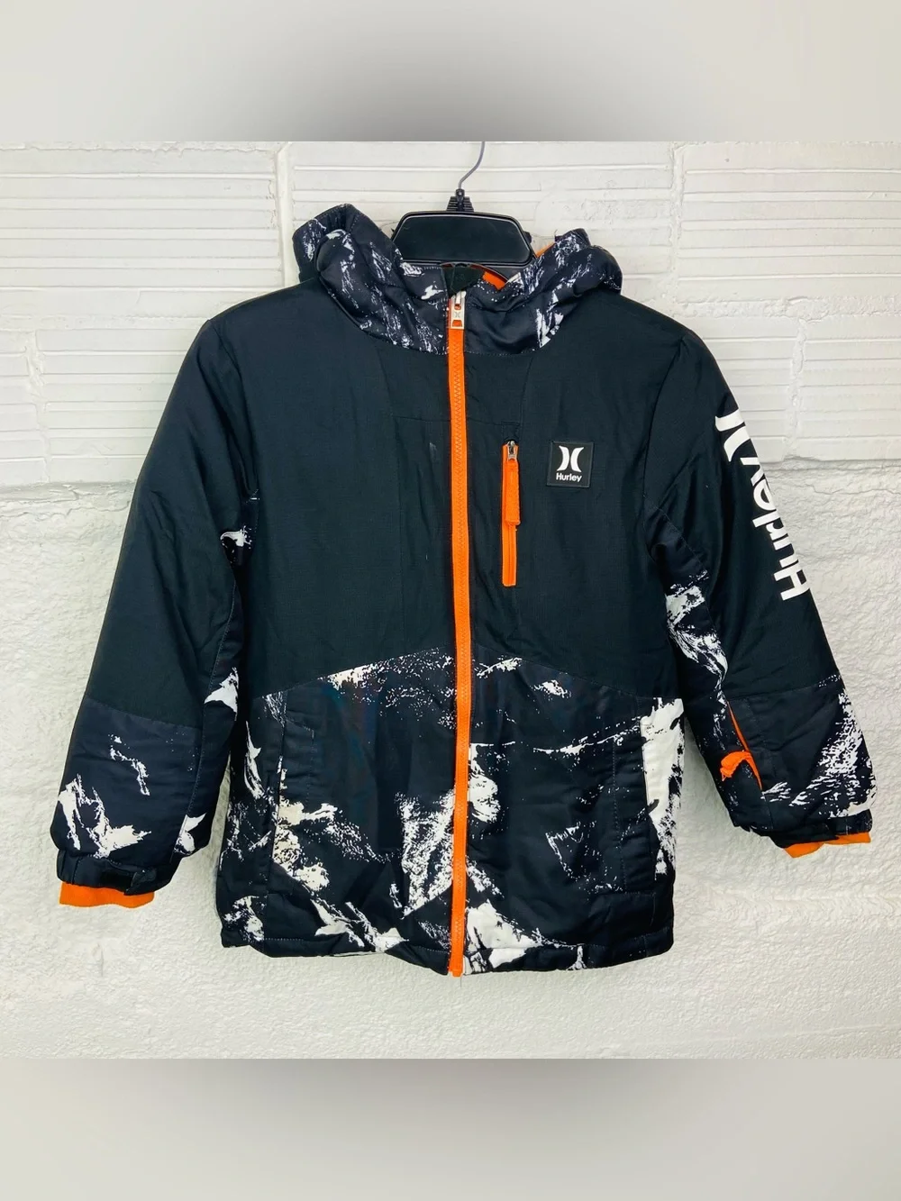 Hurley Kids Black White Print Hooded Jacket with Orange Accents